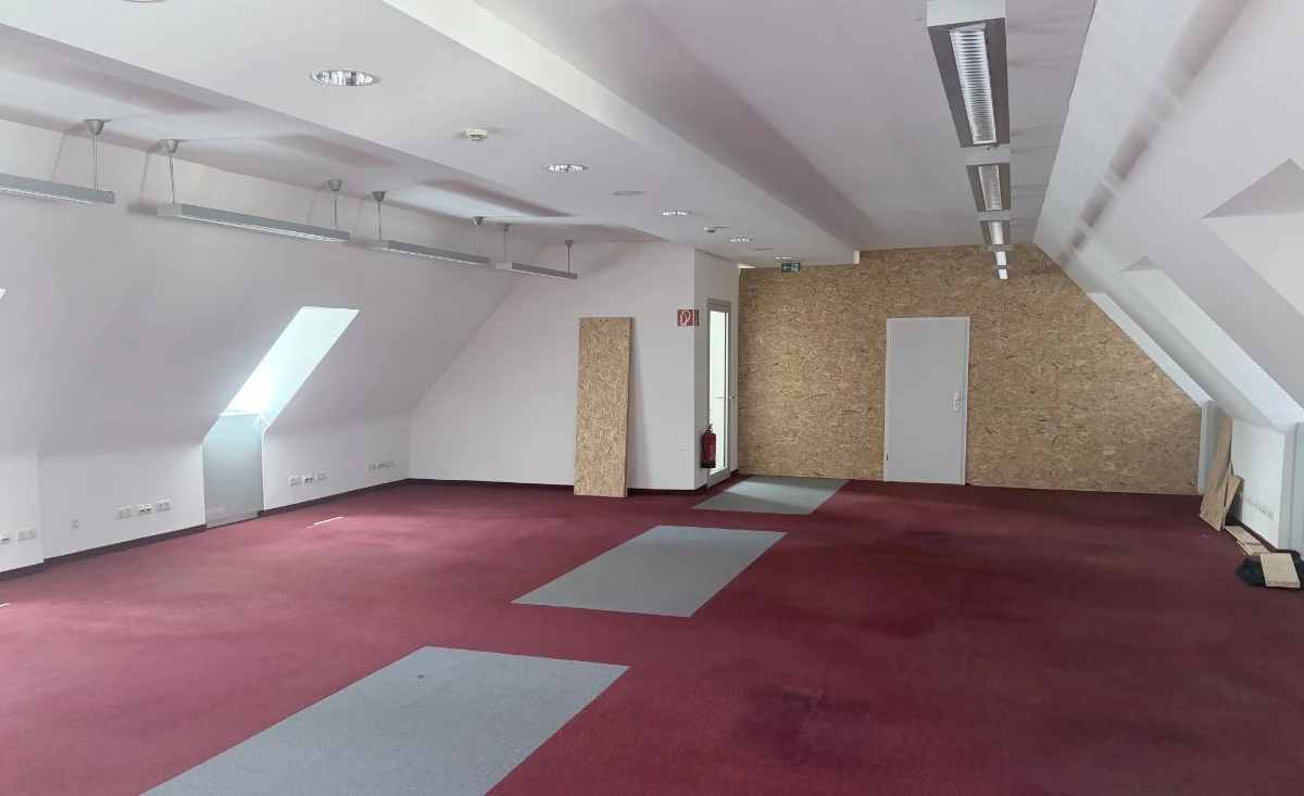 Die unsanierte Bürofläche im Bestand – roter Teppichboden, OSB-Wand und Leuchtstoffröhren unter der Dachschräge